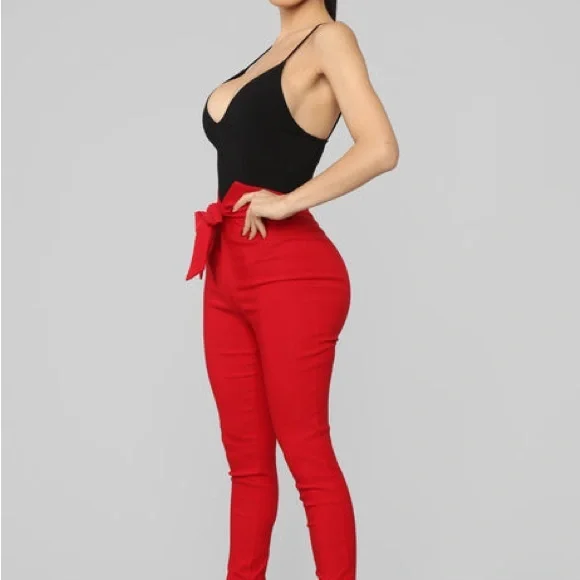 Fashion Nova Red Skinny Pants with Bow Detail - Picture 10 of 10